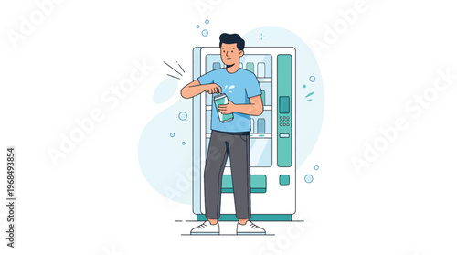 Person Opening Cold Drink Can in Front of Vending Machine Flat Vector Illustration