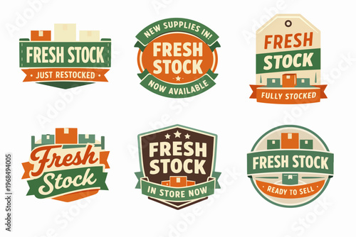 Fresh stock labels and badges set for retail, e-commerce, and inventory management promotions