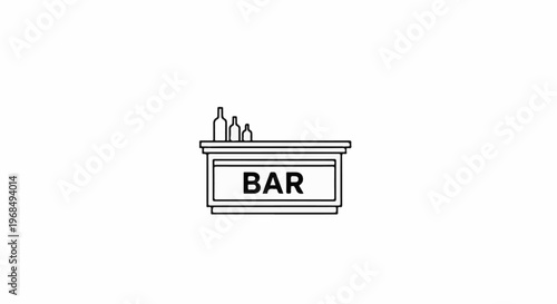 A black and white line drawing of a bar counter with bottles