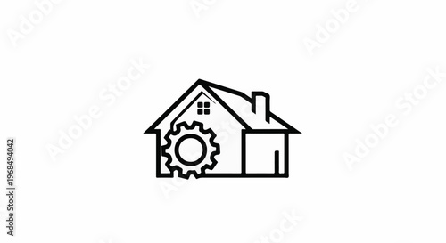 A black and white line drawing of a house with a gear inside