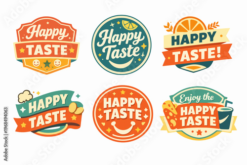 Happy taste branding labels collection, presenting various retro emblem designs for food, restaurant, and drink products
