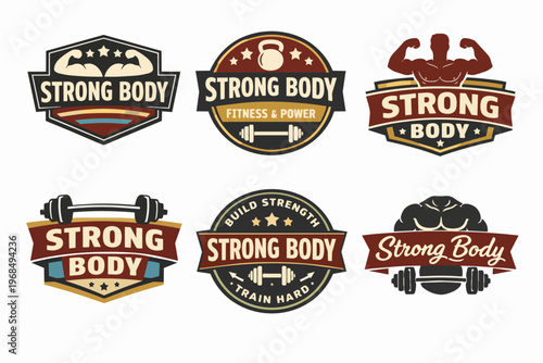 Strong body fitness and gym labels set with various vintage emblems, dumbbells, kettlebell, and muscular man silhouette