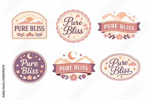 Pure bliss badge collection featuring sun, moon, stars, clouds, and floral elements, modern aesthetic logo designs