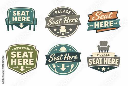 Seat here direction badges and reserved labels set, indicating seating instructions for customers or guests