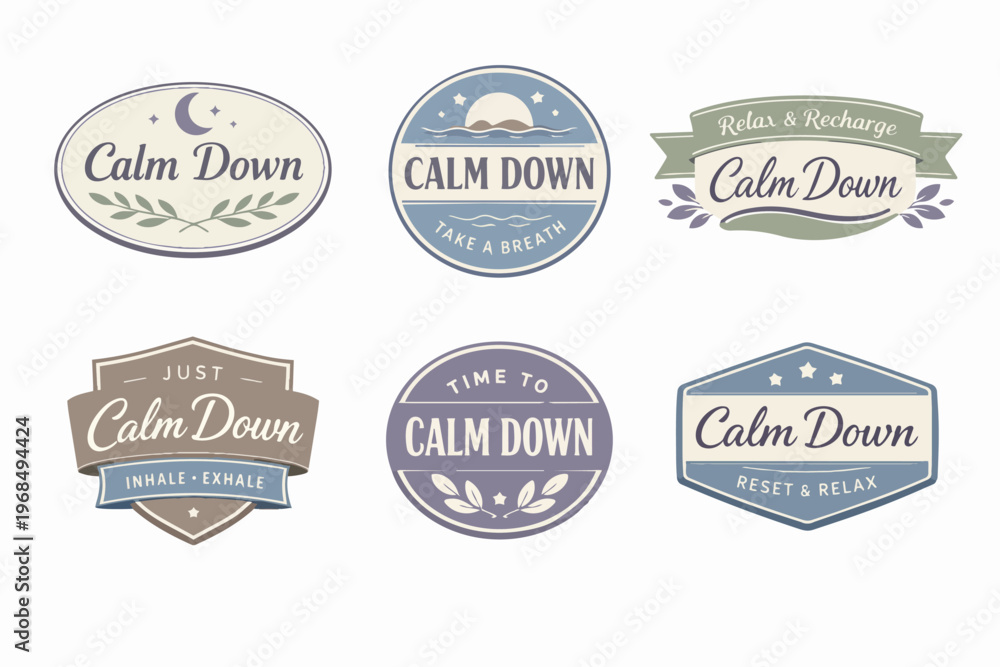 Fototapeta premium Calm down labels collection representing relaxation, stress relief, mental health, and wellness concepts for calm living