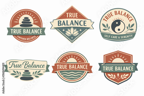 True balance logos collection for centered wellness, self care and serenity with zen stones, lotus and yin yang symbols
