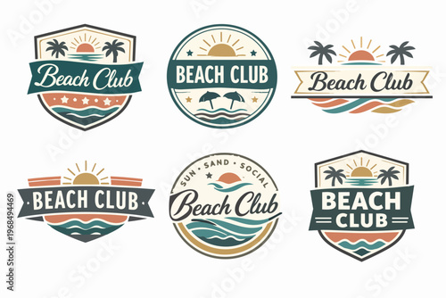 Beach club logos collection featuring vintage emblems with sun, palm trees, waves, and beach umbrellas for summer branding