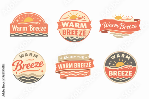 Warm breeze vector logo collection with sun, waves, and typography for summer, travel, and beach themes