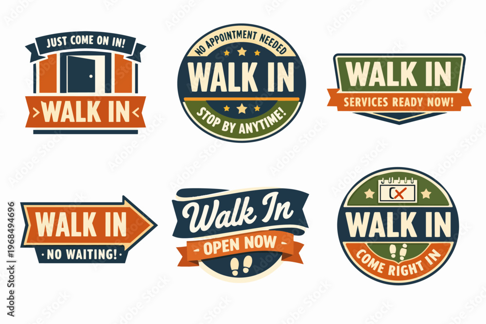 Obraz premium Walk in service signs collection presenting badges for instant access, no waiting, and welcoming customers