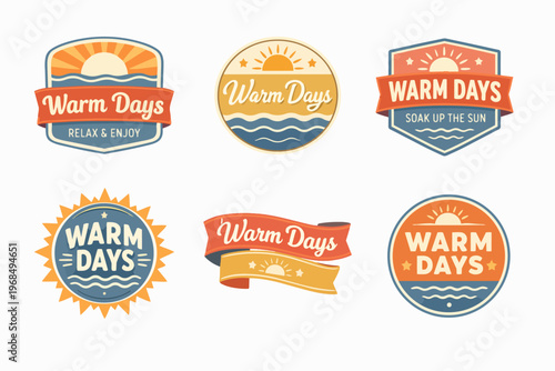Collection of vintage-style emblem designs conveying summer season, beach holidays, and leisure time with a nostalgic feel