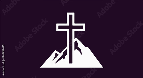 A bold white cross stands atop jagged white mountains against a dark purple background