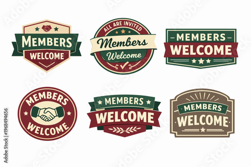 Welcoming members with a set of vintage-style badges and emblems, indicating inclusion and group affiliation