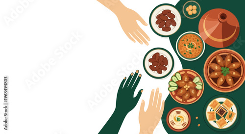 Shared Meal Illustration Table Dates Soup Tagine Pastry