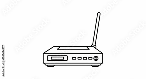 A line art illustration of a wireless router with an antenna