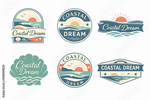 Collection of coastal dream badges and logos featuring beach landscapes, ocean waves, sun, and seashells
