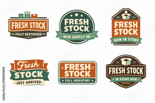 Fresh stock labels and badges collection offering new arrivals, restocked inventory, and full supply for retail promotion