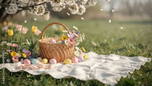 Easter eggs in a basket with flowers on a blanket in the grass