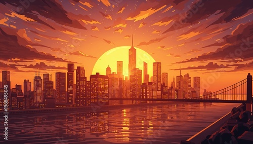 Stunning Sunset Over City Skyline with Calm Reflections on Water