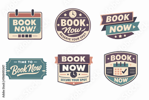 Book now labels and stickers collection for online reservations and appointment booking services, promoting a retro style