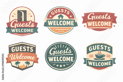 Guests welcome vintage badge collection, providing retro emblems for hospitality, hotels, coffee shops, and tourism