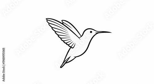 A simple black and white line drawing of a hummingbird in flight
