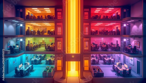 Modern Office Space with Colorful Lighting in a Multi-Story Layout