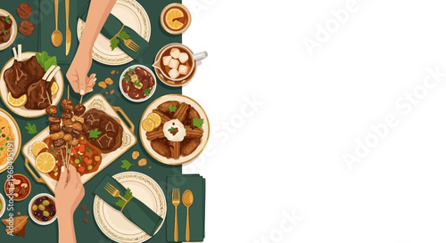 Ramadan Feast Illustration Table Meat Dates Pastry Lantern