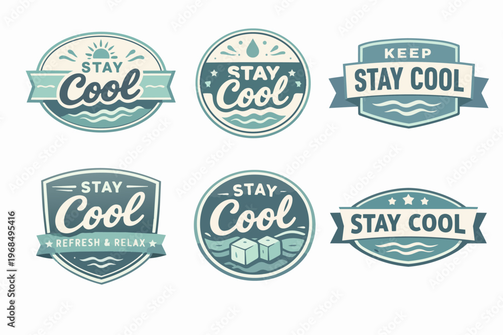 Fototapeta premium Stay cool summer badges collection with vintage emblems featuring elements like sun, waves, water drops, and ice cubes