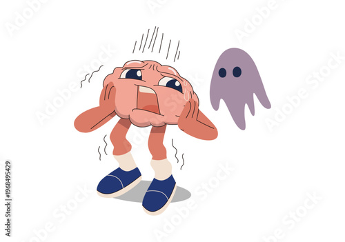 Brain character showing a scared and afraid facial expression. fear, anxiety, and panic attack. Flat vector design illustration.