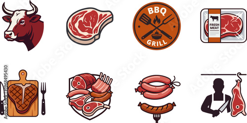 bbq meat and butcher food icons set, steak beef sausage grill barbecue raw meat butcher shop cooking protein restaurant vector food illustration icon collection isolated on transparent background