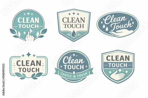 Clean touch logos with hands, leaves, water drops illustrating hygiene, protection, and freshness concepts