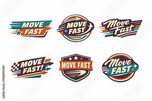 Move fast retro speed badges set with vintage typography, racing elements, and dynamic arrows on a white background