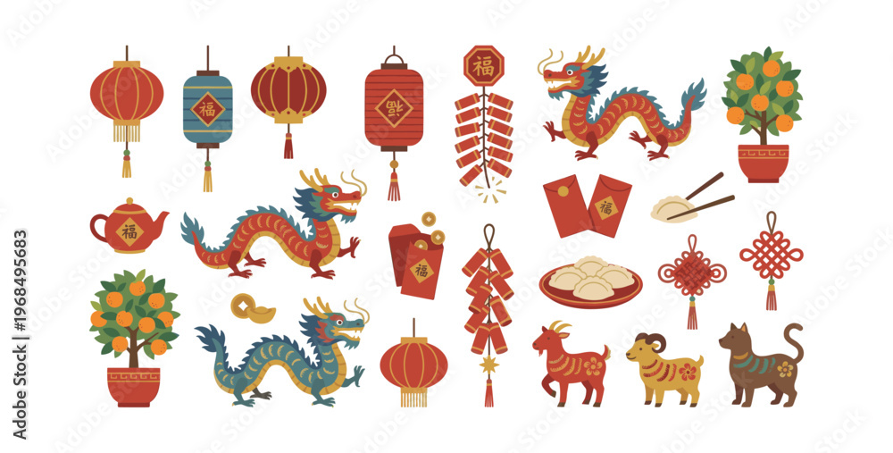 Obraz premium Chinese New Year celebration displaying traditional cultural symbols, lucky decor, and festive elements for lunar holiday
