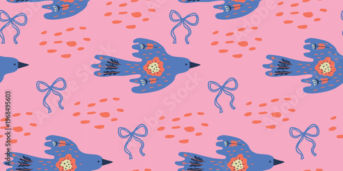 Vibrant folk art birds and abstract shapes seamless pattern for bold coquette style textile prints