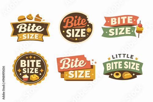Creating a set of bite size food labels, badges, and logos for bakery, snack, and appetizer products