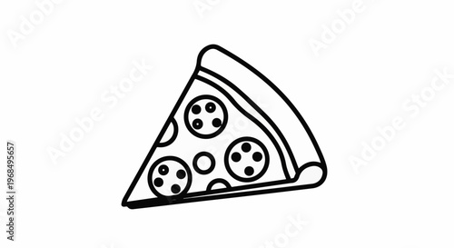 A simple black and white outline drawing of a single slice of pepperoni pizza