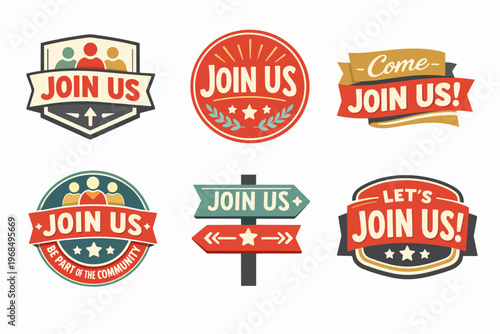 Set of join us badges and labels for inviting new members, community, and recruitment campaigns