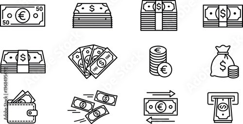 money and cash finance icons set, banknote currency coins stack bill payment banking wealth investment economy vector line outline icon collection isolated on transparent background