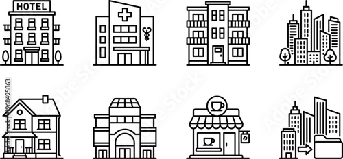 building architecture city icons set, hotel hospital house apartment skyscraper urban real estate property cityscape construction vector line outline icon collection isolated on transparent background