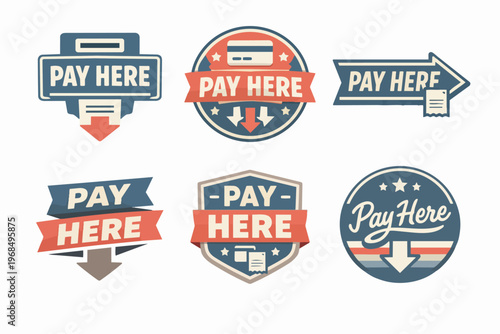 Set of retro payment spot designs with the pay here message, showing credit cards, cash, and pointing arrows