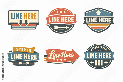 Retro line here badge set with vintage arrows, ribbons, and pointers for directional signage or label design