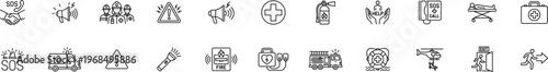 emergency safety rescue icons set, medical first aid ambulance sos warning fire help alarm disaster response vector line outline icon collection isolated on transparent background
