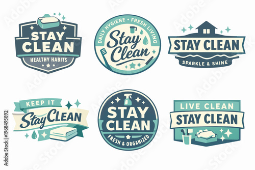 Staying clean and healthy, badges with hygiene, fresh living, and organized habits concepts