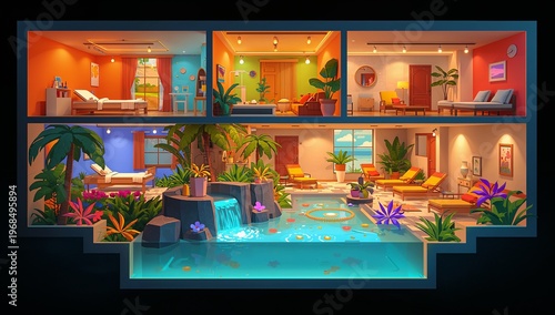 Modern Interior Design Concept with Indoor Pool and Tropical Plants