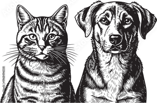 A classic black and white illustration of a tabby cat and a loyal dog sitting side by side sketch vector illustration
