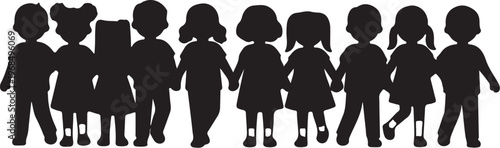 Diverse group of children holding hands in unity and togetherness sketch vector illustration