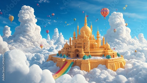 Dreamy Golden Castle Surrounded by Clouds and Colorful Balloons