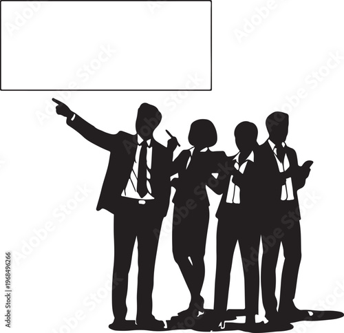 Business professionals pointing towards a presentation slide in a meeting setting sketch vector illustration