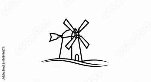 Black and white illustration of a traditional windmill on a hill