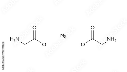 magnesium glycinate molecule, structural chemical formula, ball-and-stick model, isolated image dietary mineral supplement e580